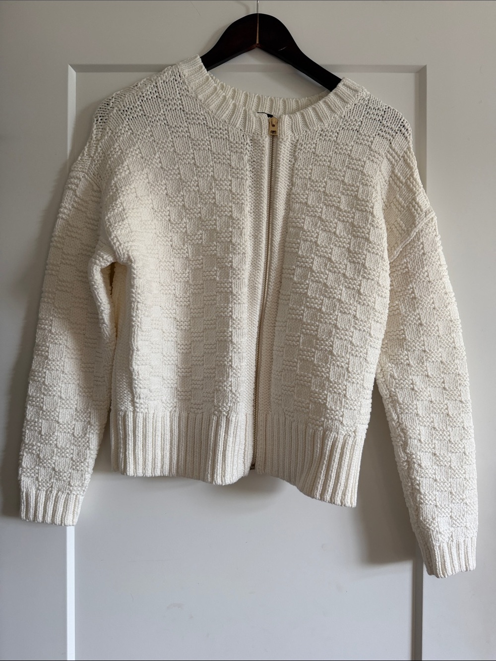 Talbots Cream Checker-Texture Zip Cardigan